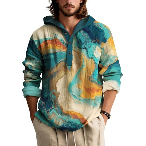 Mens Graphic Henley Hoodies Long Sleeve Camo USA Flag Hooded Sweatshirt Oversized Button Down Hoodie Tie-dye Shirts