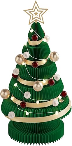 Honismart Árbol de Navidad mini árbol de Navidad de papel plegable con luces USB árbol de Navidad de vacaciones para el hogar oficina decoración de