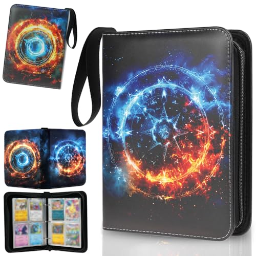 Trading Card Binder 4 Pocket, Collectible Trading Card Albums Fits 400 Cards with 50 Removable Sleeves,Waterproof Card Holder Album for TCG, MTG, Sports Cards(Fire & Ice Magic, 400P)