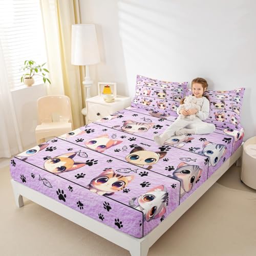 Cute Kitten Kitty Cat Fitted Sheet,Full Size Kawaii Animals Cartoon Purple Style Collections,Cartoon Cat Bedding Deep Pocket for Children Teens Young with 2 Pillowcases(No Flat Sheet)
