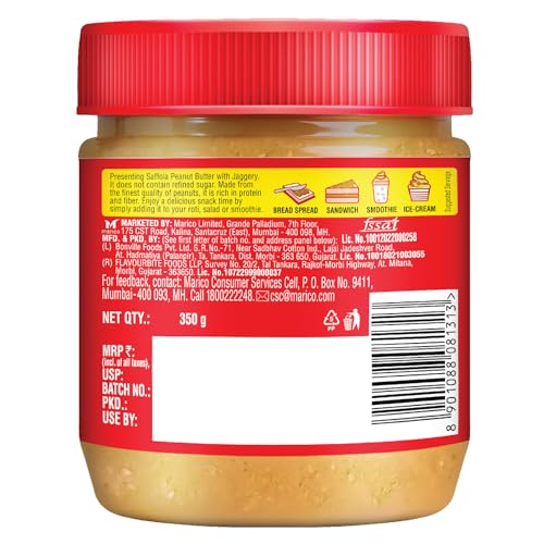 Image of Saffola Peanut Butter with Jaggery, Crunchy 350 gm | High Protein Peanut Butter | No Refined Sugar (Pack of 2)