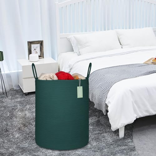 Image of Large Cotton Rope Laundry Hamper for Clothes 65L, Dark Green