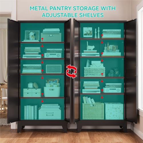 Image of Metal Storage Cabinet with Doors and Adjustable Shelves | 71 inch Tall Pantry Cabinet for Kitchen Dining Room Bathroom Garage,Black,1 Pce