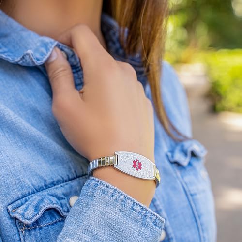 Divoti Olive Stretch Medical Alert Bracelet – Custom Engraved Stainless Steel ID Tag – Hypoallergenic, No Clasp, Slip-On Style – Fits 6.5–7.5" Wrists – Stylish & Comfortable for Women4