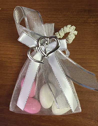 Unique Wedding Favors of Organza Bag with 5 Jordan Almonds, Personalized Ribbons & Double-Heart - Set of 10 Favors (Gold) - Thumbnail 3