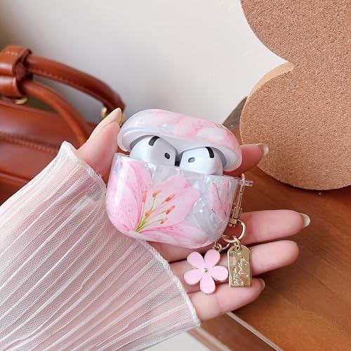 Image of MINSCOSE for Cute Glitter AirPods 4 Clear Case,Flower and Butterfly Shell Pattern Design with Trendy Floral Keychain,Soft TPU Protective Cover with Cleaner Kit for AirPods 4-Pink