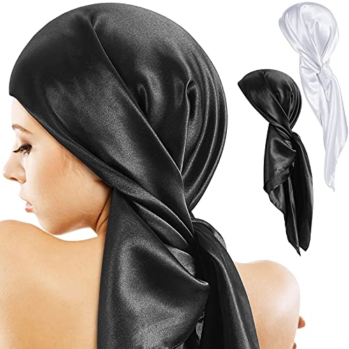 35 Inch Silk Head Scarf 2 Pcs Large Square Neck Scarf Sleeping Hair Wrapping Satin Scarf for Women (Black, White)2