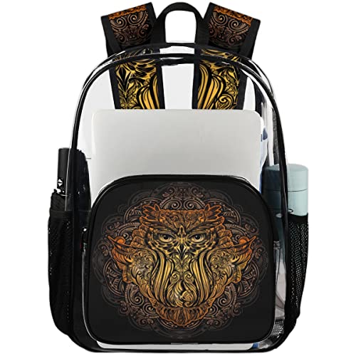 Sac à dos transparent PVC à motif tribal hibou et sangle en maille colorée, Taille L