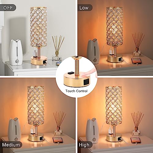 Image of Hong-in Gold Lamps Set of 2, Dimmable Gold Lamps for Nightstand with USB-C+A & AC Charging Ports, 3-Way USB Crystal Lamp, Bedside Desk Light for Bedroom Living Room Home Office(Bulb Included)