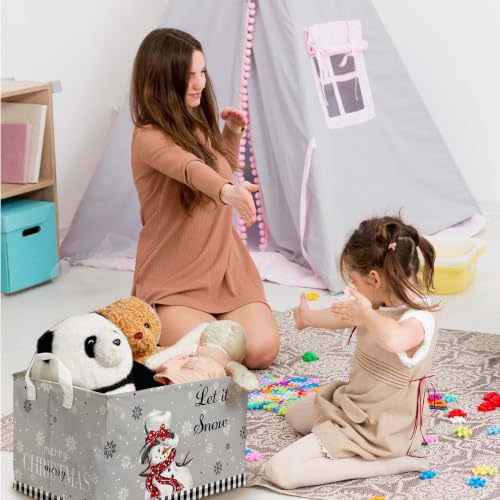 Image of Grey Christmas Snowman Storage Baskets, Empty Christmas Gift Baskets, Let It Snow Winter Farmhouse Style Large Square Waterproof Canvas Laundry Hamper, Foldable Toy & Clothes Bins for Bedroom