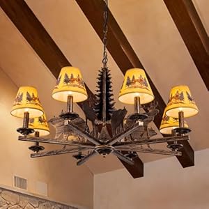 TOCHIC 8 Light Western Chandelier for Dining Room Farmhouse Chandelier with Lampshade Rustic Bronze Christmas Tree Bear Wildlife Light Fixture for Living Room Bedroom Kitchen Foyer Cabin 355 D