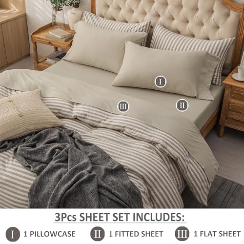 PURE ERA Jersey Knit 3pcs Bed Sheet Set 100% T-Shirt Heather Cotton Super Soft Comfy Breathable Fits Mattress Up to 20" Extra Deep Pocket (Dark Beige,Twin XL)