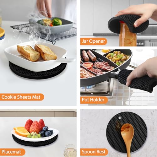 Image of 4 Pack Silicone Trivet Mats, 7 Inch & 9 Inch Flexible Heat Resistant Silicone Hot Pads Pot Holders for Kitchen Counter, Round Trivets for Hot Dishes - Potholders Jar Opener(Black)