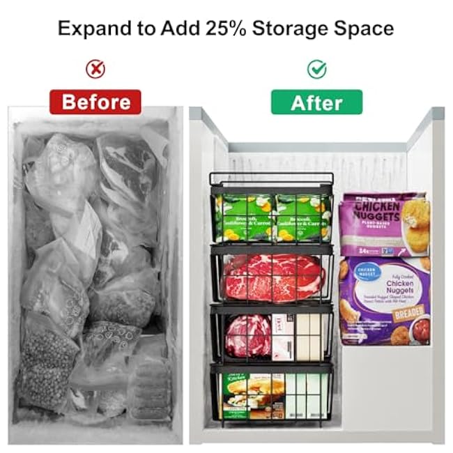 iSPECLE Freezer Organizer Bins - Fit 10 to 20 Cu Ft Chest Freezer, 2 Pack Large Expandable Stackable Deep Freezer Organizer Bins Sort and Easily Get Food without Digging in the Freezer, Black