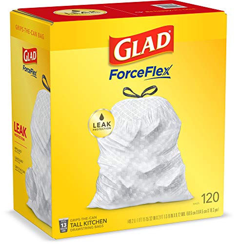 Glad ForceFlex Tall Kitchen Drawstring Trash Bags – 13 Gallon White Trash Bag, Unscented – 120 Count (Package May Vary)