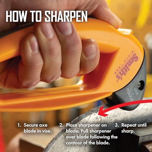 Smith’s 50582 Axt- und Machetenschärfer, für Äxte, Beile, Macheten und Rasenmäher, großer Griff mit Fingerschutz, manuelle, handgeführt, austauschbare Hartmetall-Klingen, Reinigungsbürste mit