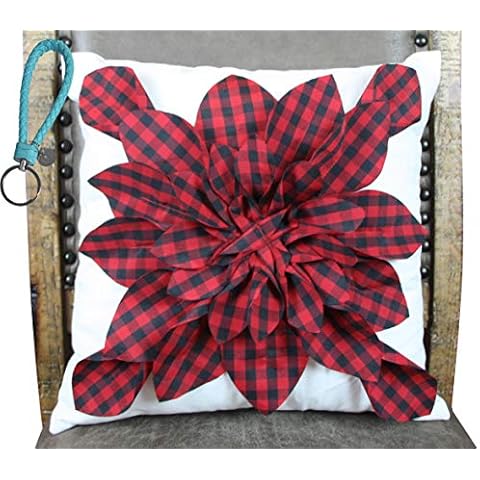 Contempo Lifestyles 3D Flower Pillow, Buffalo Plaid Flower Decorative Throw Pillow – 17” Cotton Canvas – Elegant Handmade – Perfect for Home,Bed & Couch, Gifts for Her, Red/Black, Case Only Cover
