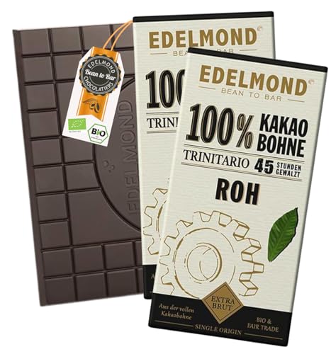 Edelmond 100% Roh-Schokolade: Bio, Vegan, Glutenfrei, Naturbelassene Bitterschokolade, Fair Trade Kakao (2 Tafeln, 144 g)