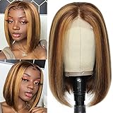Flyzhuim 10 Inch Short Bob Wig Human Hair Highlight 150 Desnity 4x4 Lace Closure Bob Wigs For Women 4/27 Straight Bob Wig Glueless Colored Honey Blonde Brown Human Hair Wigs Pre Plucked