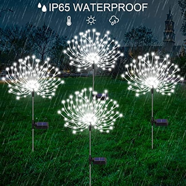 Solar Firework Lights - 4 Pack 120 LED Decorative Starburst Lights, 12 Hrs Working Time, for Garden Pathway, Courtyards, Wedding & Christmas Decor (Cool White)