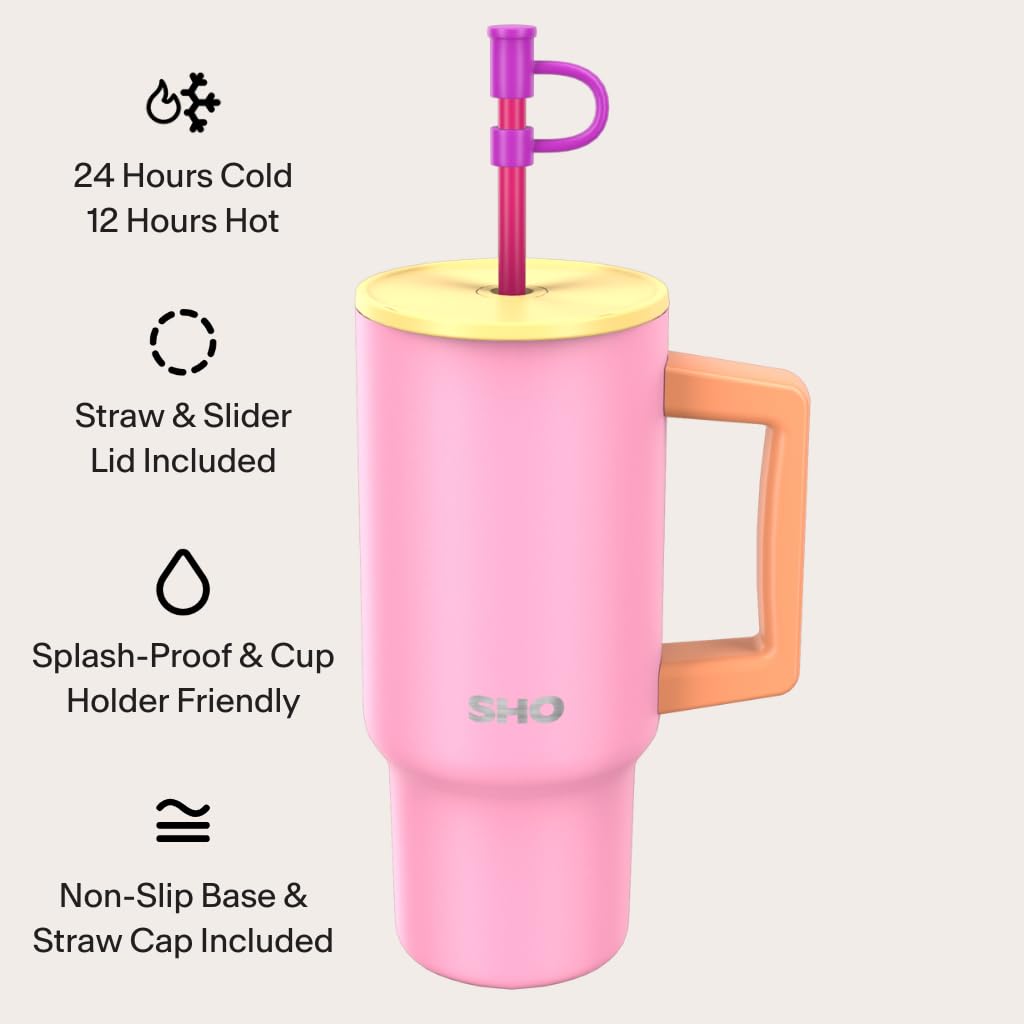 SHO XL Tumbler, Insulated Stainless Steel Reusable Water Bottle Iced Coffee Travel Mug with Handle, Straw Lid & Slider Lid - Image 4