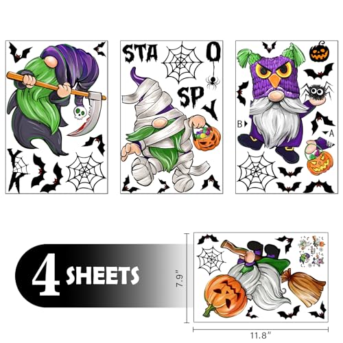 Mfault Halloween Gnome Window Clings 4 Sheets, Mummy Jack O Lantern Pumpkin Stickers Decals Decorations, Funny Bat Spider Web Home Kitchen Bedroom Living Room Decor Party Supplies