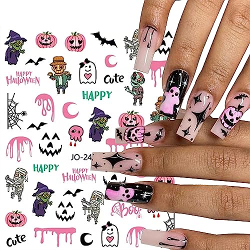 YOSOMK 3D Halloween Nail Art Sticker Decals Pink Ghost Skull Spider Pumpkin Nail Decals Self-Adhesive Nail Art Supplies Accessories for Halloween Party Nail Decoration DIY Design (8 Sheets)