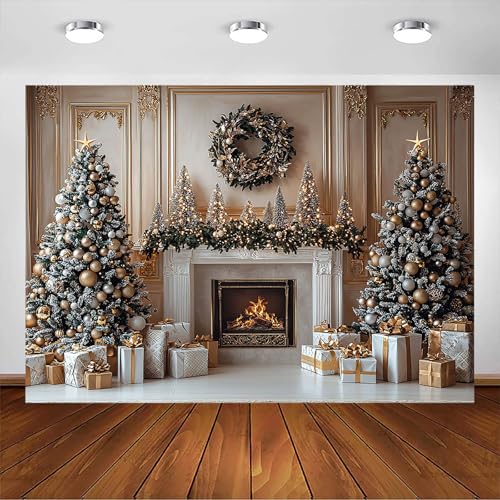 Avezano Telón de fondo de Navidad dorado para chimenea, árbol de Navidad, fondo de fotos familiar, Navidad, invierno, vacaciones, fiestas, retratos, telón de fondo para cabina de fotos (7 x 5 pies)