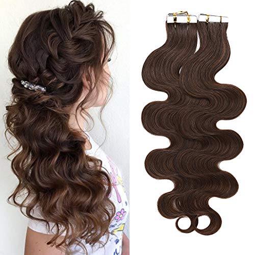 S-noilite Wavy Brown Tape in Hair Extensions Human Hair Double Sided Seamless Skin Weft Tape on Remy Hair Pieces14Inch 40g 20pcs #4W Medium Brown