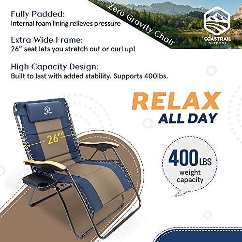 Coastrail Outdoor Zero Gravity Chair Premium Wood Armrest Padded Comfort Folding Patio Lounge Adjustable Recliner With Cup Holder & Side Table, 400Lb Capacity, Navy/Brown #TOP2
