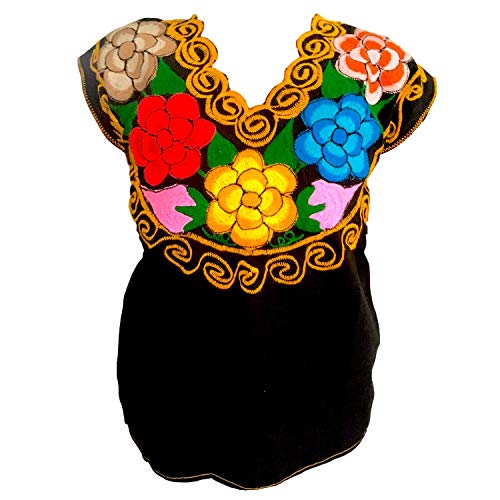 Floral Mexican Blouse - Authentic Embroidered Chiapas Blouse - 100% Handmade - Black with Colorful Flowers (L)