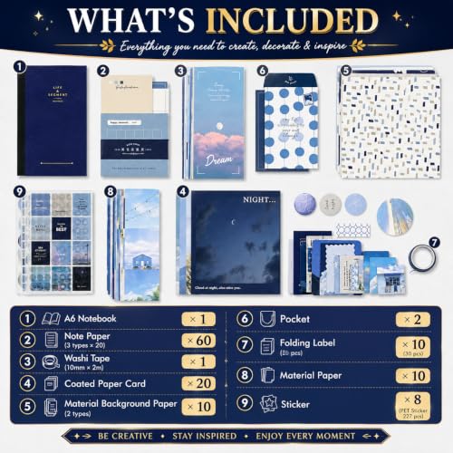 Image of RANDEN Blue Journaling Kit, 346PCS Vintage Scrapbook & Stationery Set with Aesthetic Stickers, Ephemera Pack and Journal Supplies for Bullet Journals, Planners, Albums & Creative Crafts (Warm Blue)