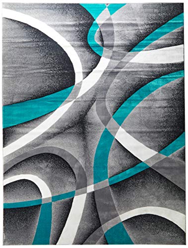 Persian Area Rugs Turquoise 8x10 2305 White Swirls 7'10 x10'6 Modern Abstract Area Rug, 8' x 10'