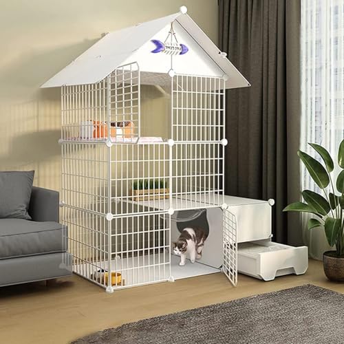 キャットケージ 大型 トイレ付き、猫ケージ屋内トイレトレー付き折りたたみ式猫屋外エンクロージャー取り外し可能な金属ワイヤーケンネルクレート大型運動場所猫ハウス(C,111*49*145CM(1))