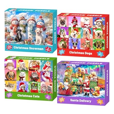 4 Packs Christmas 100 Piece Puzzles for Kids Ag...