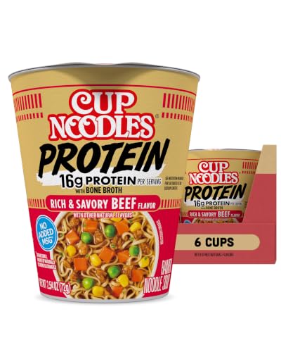 Nissin Cup Noodles Protein Ramen, Beef Flavor with Bone Broth, 16g Protein, 2.54 Ounce Cup (Pack of 6)