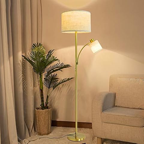 Depuley 2 Head Mother and Child Standing Floor Lamp, 3000k Warm White, Gold Iron Reading Floor Lamps, Eye-Care Floor Light for Living Rooms, Bedrooms, Office, Modern Pole Light with 2* LED E27 Bulbs Cover