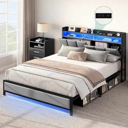 YITAHOME Bed Frame Queen Size, LED Bed Frame with Upholstered Storage Headboard, Heavy Duty Platform Bed with Charging Station & Metal Slats, No Box Spring Needed, Gray with Storage Headboar
