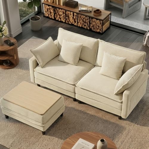 Image of 73.5 inch L-Shaped Cloud Sofa, Modular Sectional Couch with Ottoman Coffee Table, Corduroy Deep Seat Loveseat with Pillow, Comfy Modern Couch for Living Room Bedroom Apartment, Cream