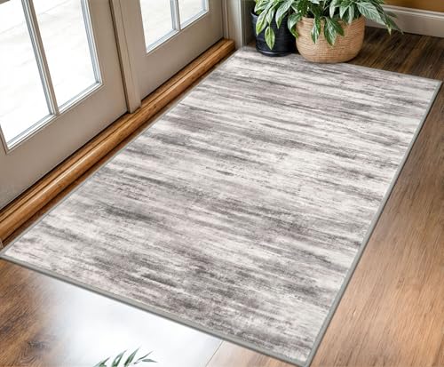 KOZYFLY Area Rug 3x5 Modern Ombre Living Room Area Rug, Washable Rugs for Bedroom Non-Slip Soft Stain Resistant Striped, Print Distressed Grey Beige Abstract Carpet for Living/Laundry/Kid Room