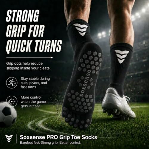 Image of Soxsense Soccer Grip Toe Socks, Non-Slip Socks for Sports & Pilates | Individual Five-Toe Design, Non-Slip Grip Sole, Supportive Arch Fit, Breathable Mesh Ventilation