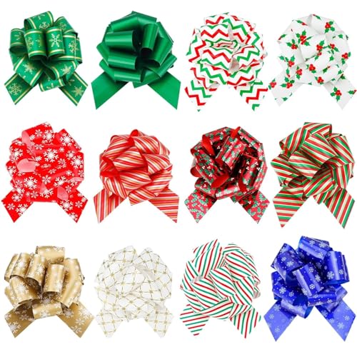 12 Pcs Christmas Pull Bows for Gift Wrapping - 5 Inch Wide Christmas Ribbon Bows for Presents - Pull Bows for Gift Wrapping Xmas Gift Wrapping Accessory (Xmas, 5inch)