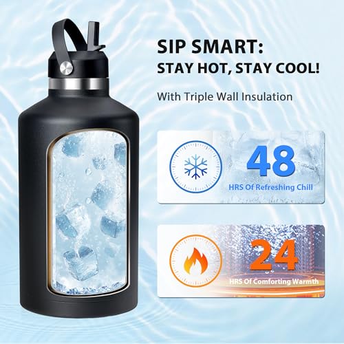 Image of One Gallon Insulated Water Bottle, Triple Wall Vacuum 128 oz Stainless Steel Water Bottles (Cold for 48 Hrs), Leak Proof, Non-BPA, Large Water Flask Jug with Straw Lid & Spout Lid