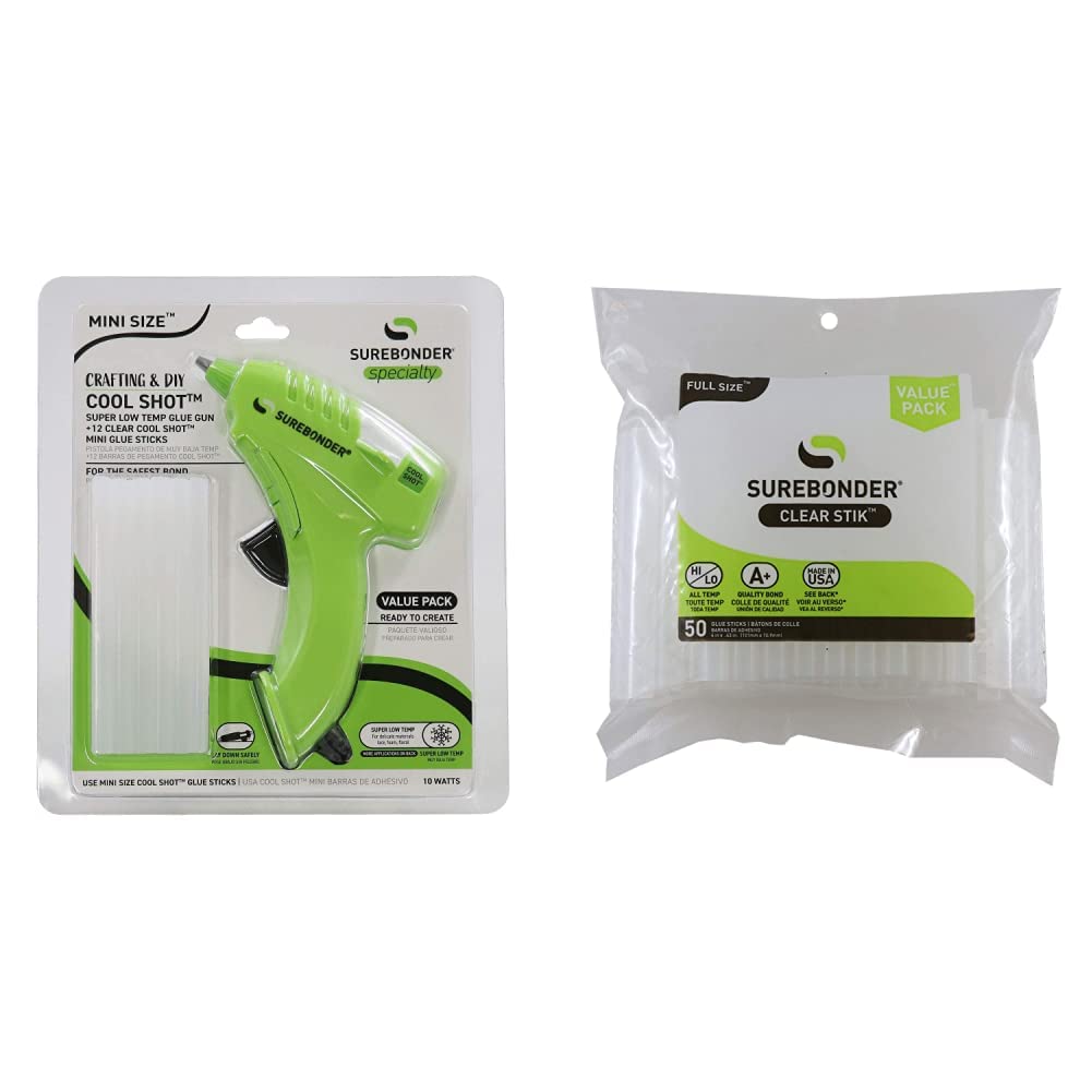 Surebonder Ultra Low Temperature Cool Shot Mini Glue Gun & DT-50 All Temperature 50 Glue Sticks, 4-Inch