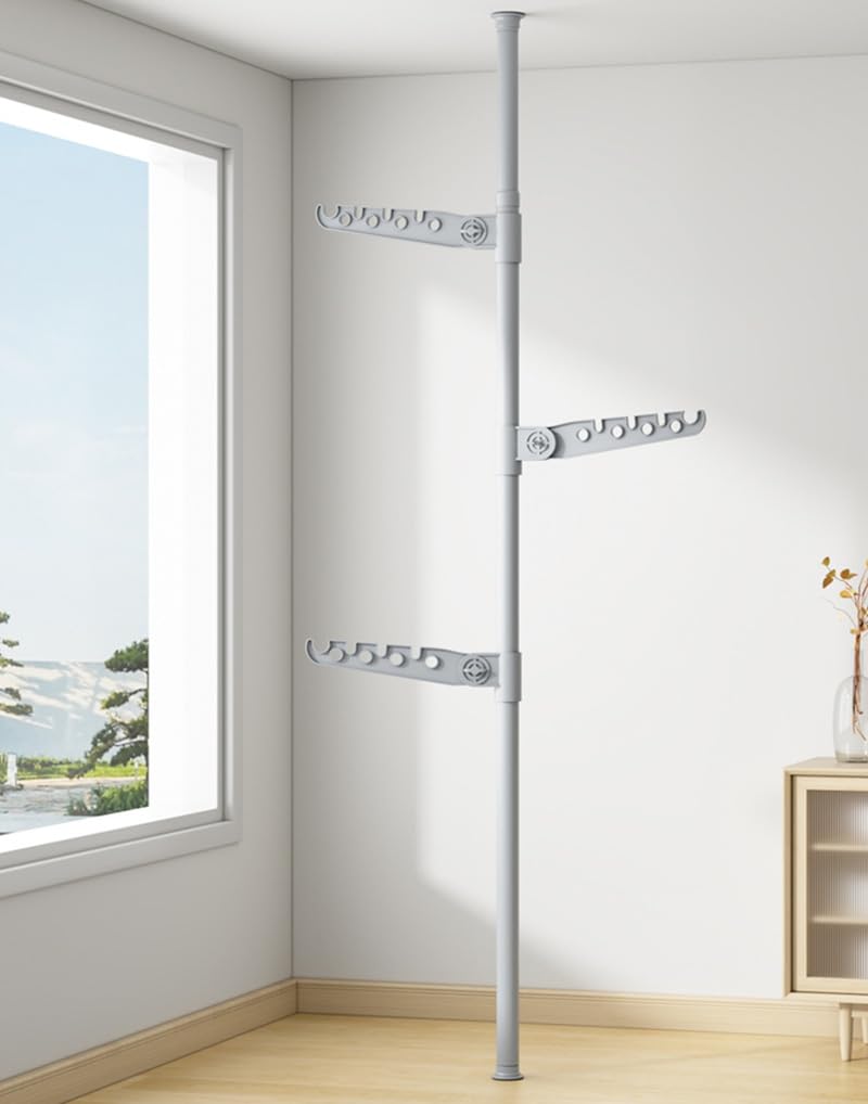 FGXHHS Telescopic 3-Tier Clothes Drying Rack - Adjustable Coat Hanger & Garment Stand, Floor-to-Ceiling Laundry Pole Tension Rod for Home, Balcony, Office (110-310cm)