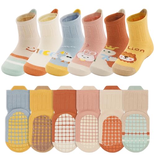HYCLES Toddler Non Slip Socks, Cartoon Animal Cute Baby Grip Sock for 6-12 Month 0-1T Girls Boys 6 Pairs