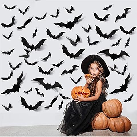 Awmark Halloween Window Decoration, 120 Pcs Scary 3D Bat Wall Stickers 4 Sizes, Waterproof Bats Window Clings Sticker Halloween Party Supplies Good Viscosity for Halloween Eve Home Décor Cover
