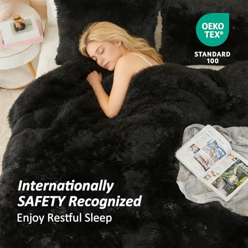 Image of EMME Luxury Fuzzy Duvet Cover Set Twin Size Fluffy Comforter Cover Set for Twin Bed 2 Pieces Shaggy and Plush Soft Bedding Duvet Covers (Black, Twin)