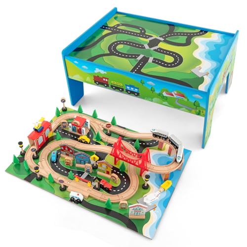 Glacer TM10052 80-Piece Train Table, Large Multipurpose Wooden Toy Activity Table Playset cover