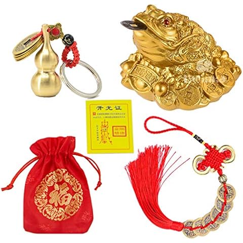 YeBon Set of 1 Feng Shui Money Lucky Frog Coin Toad/ Lucky Charm Ancient/hulou Keychain For Prosperity Home Office Decoration Gift (FG01+QB5+HL10) Cover